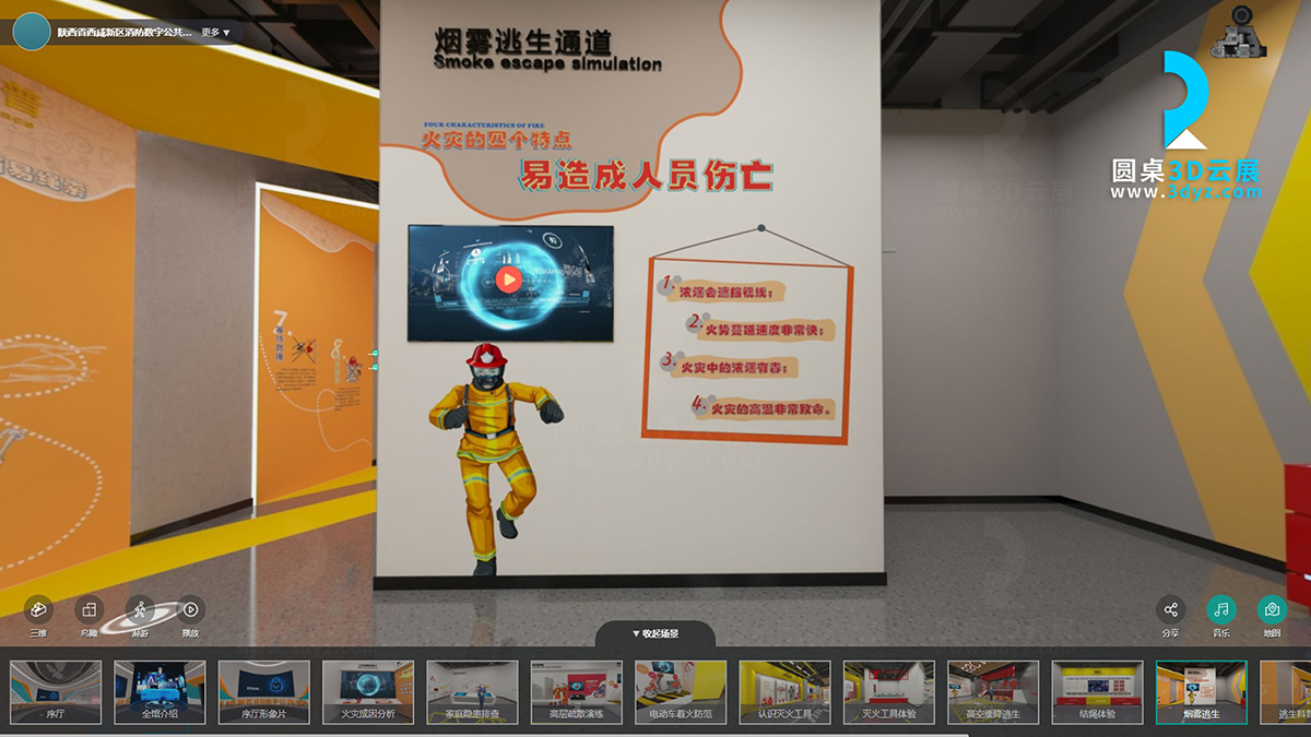 陜西省消防數(shù)字公共安全教育云展館的虛擬場景分區(qū)12、煙霧逃生